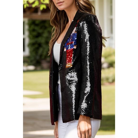 Sequin Nutcracker Christmas Holiday Blazer in Black - Picture 2 of 9